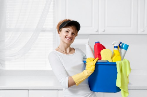 Staff member reviewing safety procedures before cleaning